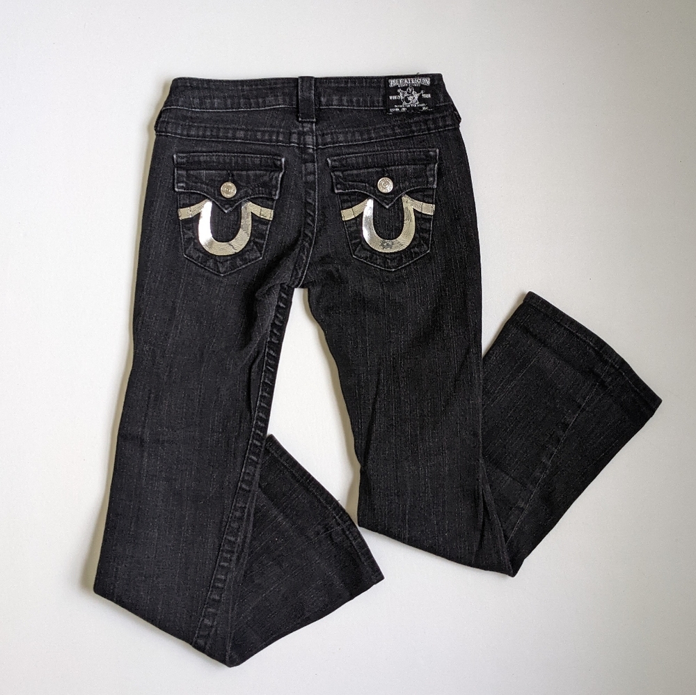 True Religion Low Rise Silver Sequin Y2K Joey Black Flared Jeans